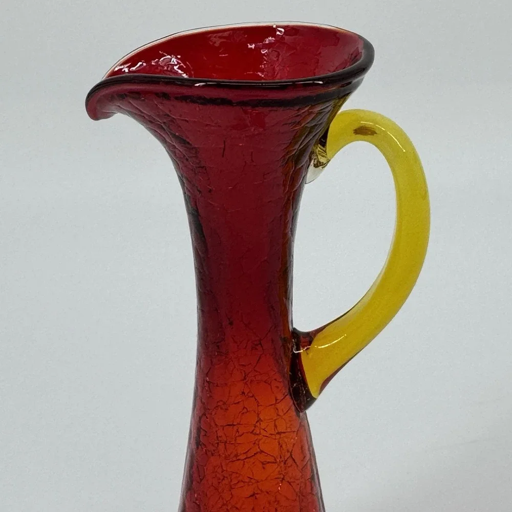 Vintage Amberina Red Crackle Art Glass Pitcher Yellow Handle Hand Blown MCM